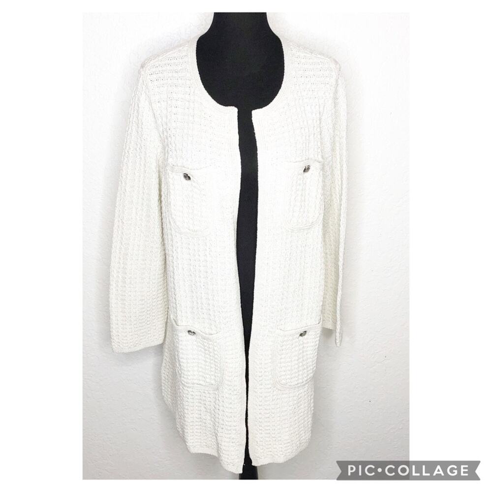 Talbots white ivory silver metallic open front long sweater jacket size 1X NWT
